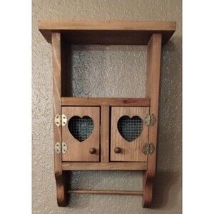 Vintage Oak Wood Wall Shelf  Heart Cutout Chicken Wire Doors Towel Rod Rustic